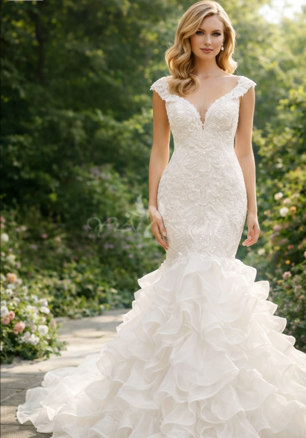 Vestido de novia de sirena de encaje AMD2608 con falda de volantes en cascada. 1