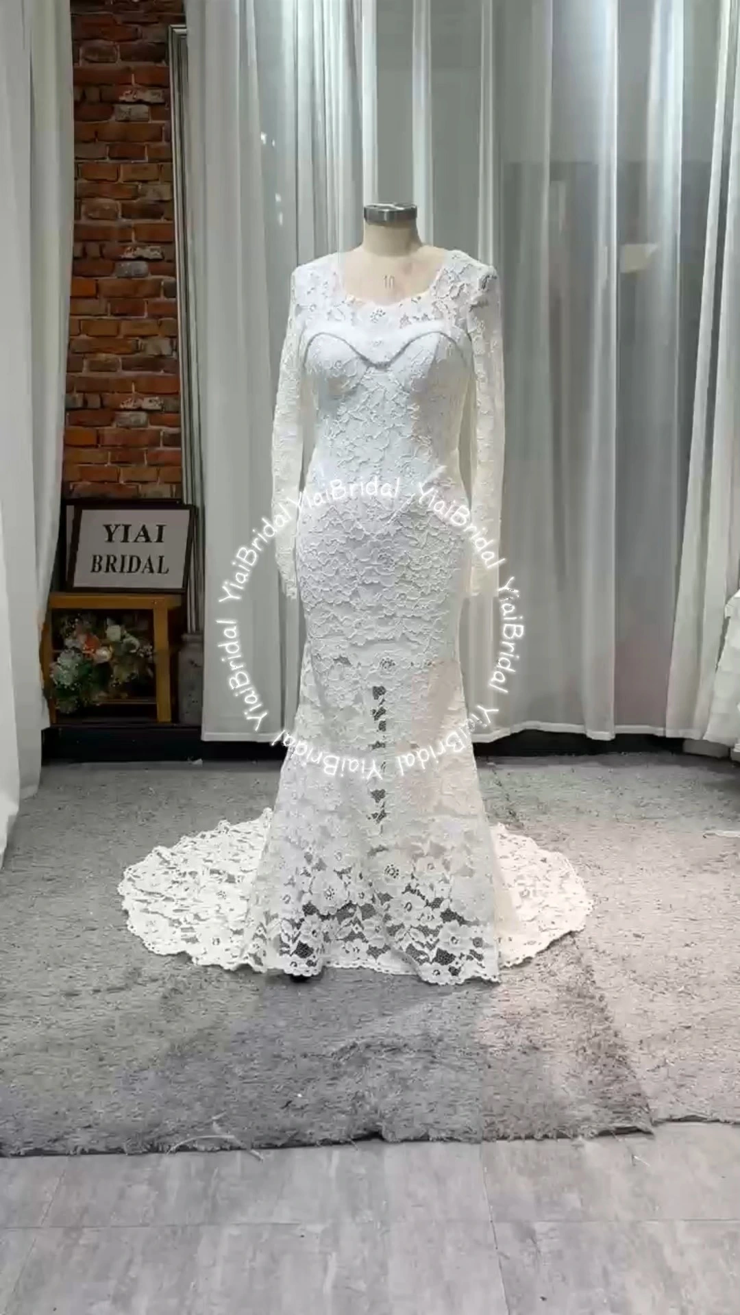 AMD2611 Uzun Kollu Dantelli Denizkızı Boyu Kuyruklu Gelinlik - Zarif Gelinlik 1