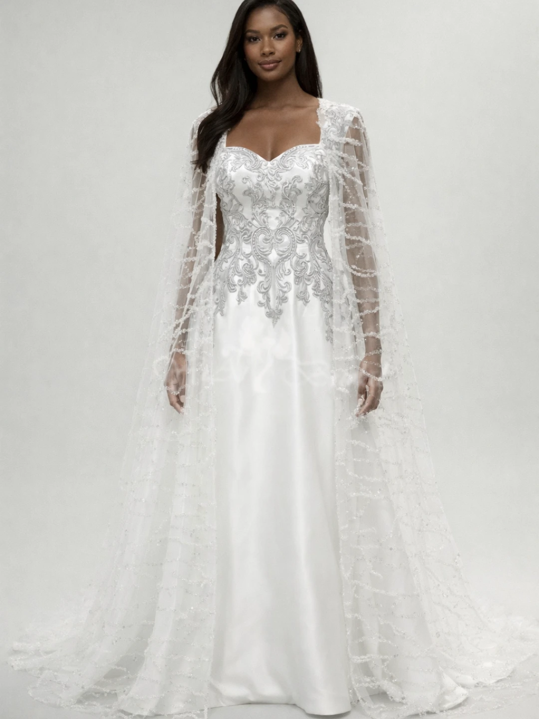 AMD2610 Royal Embroidered Satin Wedding Dress with Detachable Beaded Cape 1