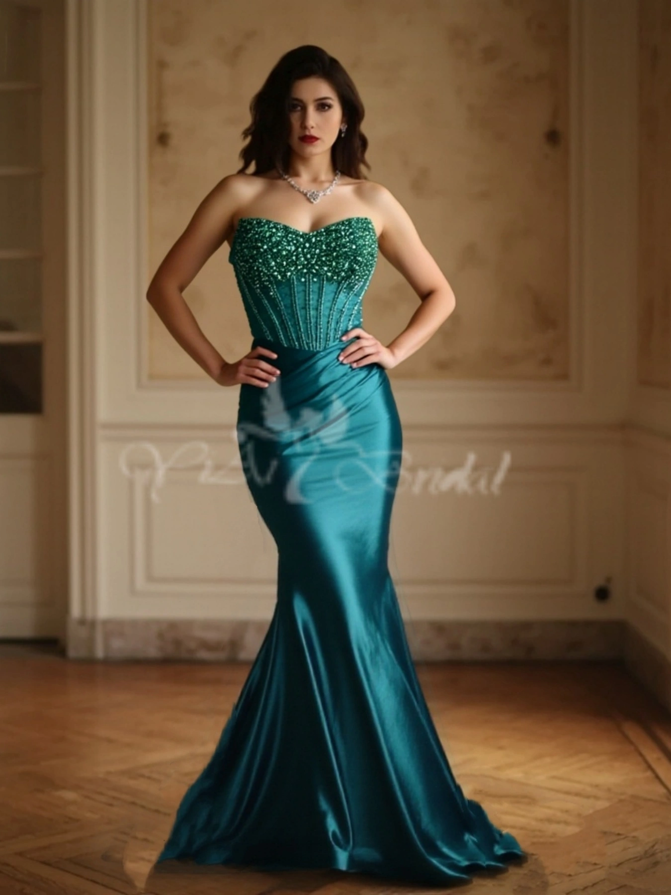 DES00093 Vestido de fiesta de sirena sin tirantes con abertura y satén brillante de cristal Vestido largo ajustado sin tirantes con abertura 1