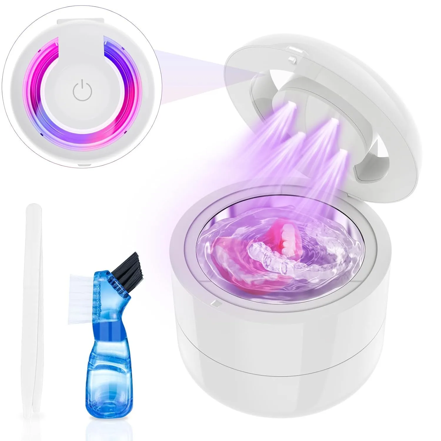 Limpiador ultrasónico de retenedores de 45 kHz profesional para dentaduras postizas, alineadores, protectores bucales y joyas. Resistente al agua IPX7. Base y cubierta extraíbles, 2 temporizadores, color blanco silencioso. 1