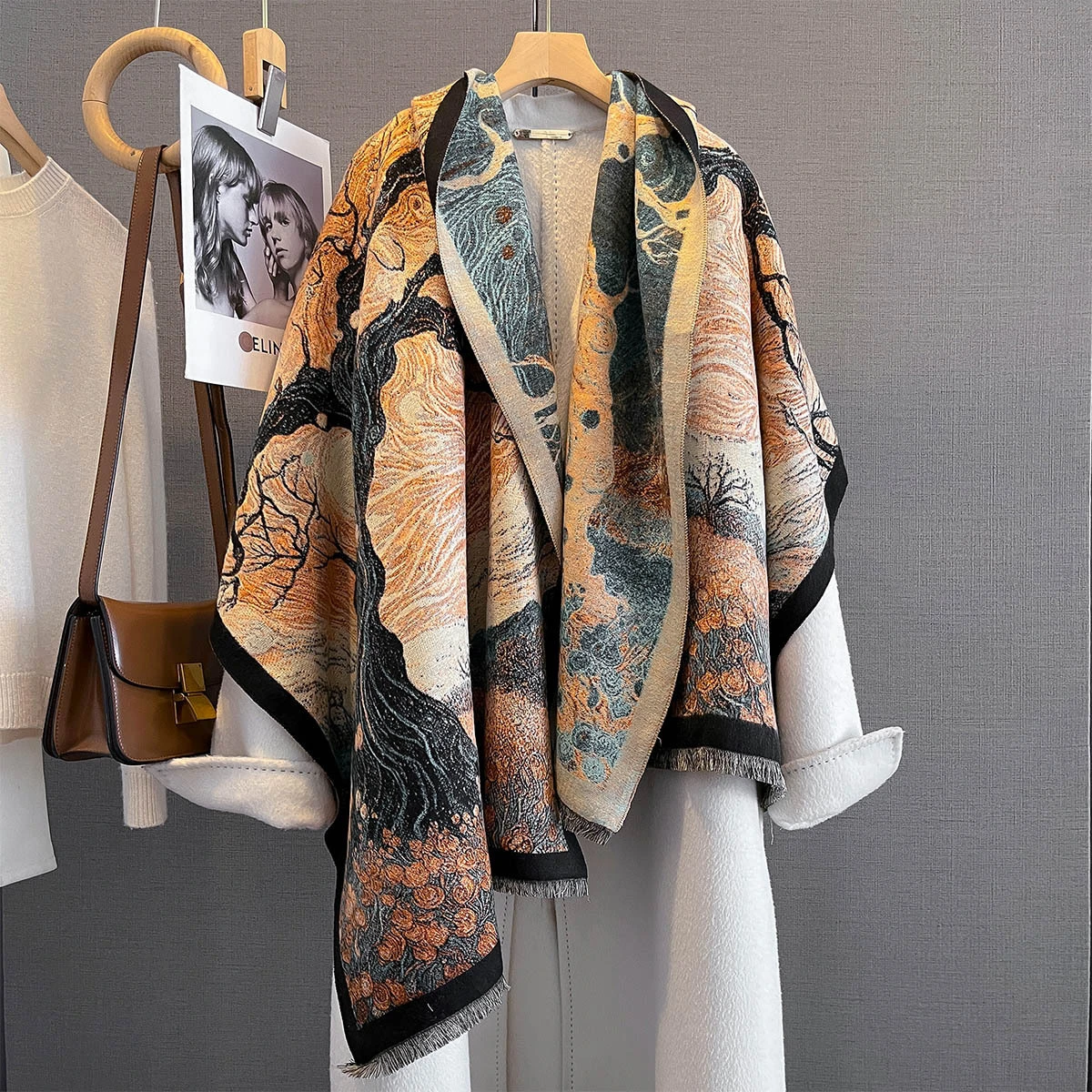 Luxury Cashmere Coarse Yarn Long Shawls Tree Flower Painting Pashmina Scarf W2821 | Mifain 1