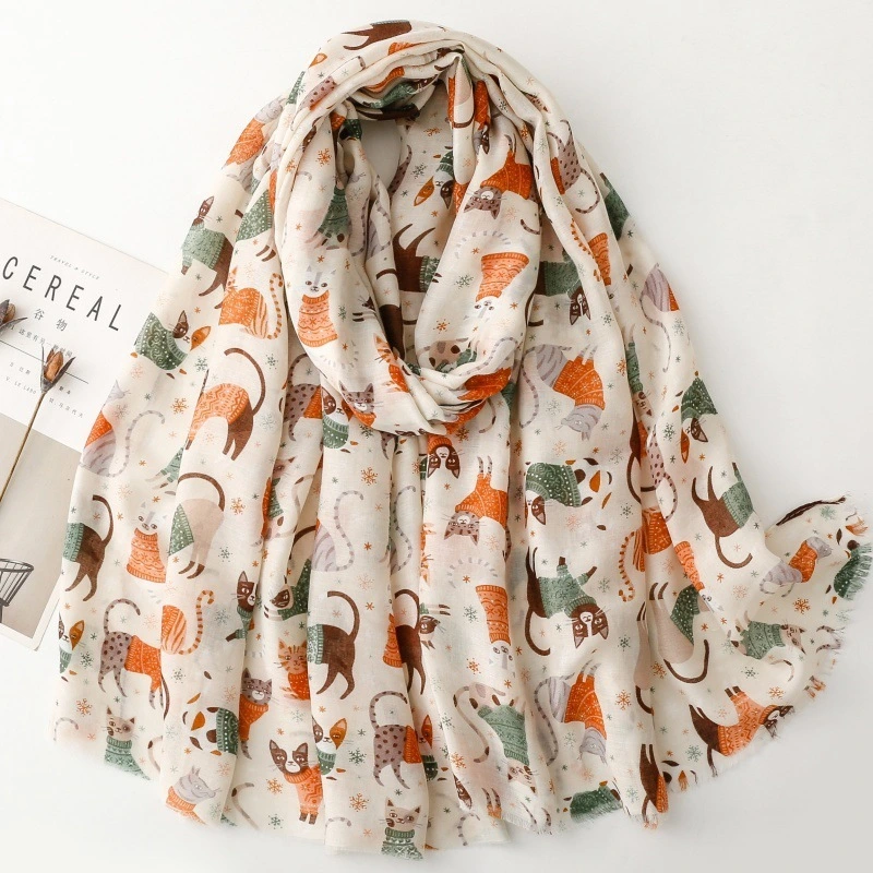 Custom Spring Cats Printed Shawls Animal Pattern Cotton Scarf C2291 | Mifain 1