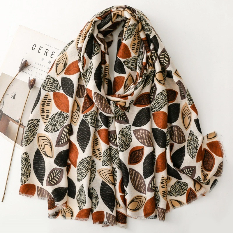 Factory Leaf Printed Long Shawls Custom Ladies Breathable Cotton Scarf C2397 | Mifain 1
