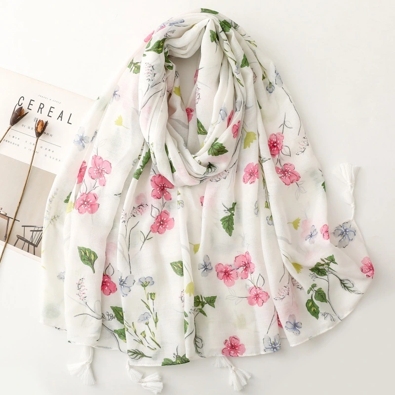 Cheap Soft White Flower Pattern Printed Shawls with Tassels Summer Scarves C2441 | Mifain 1