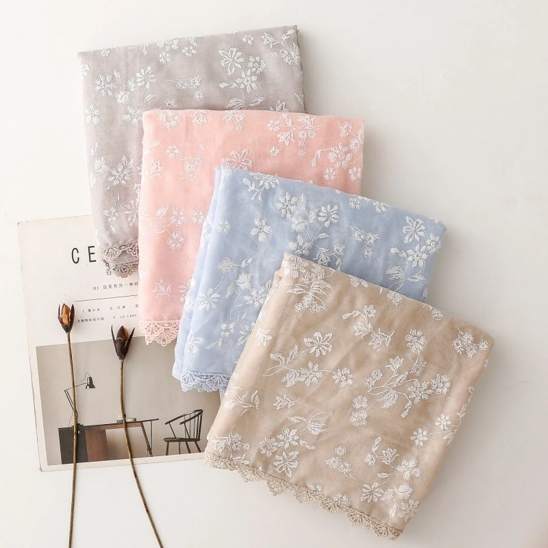 Hot Sale Solid Color With Flower Printing Shawls Lace Edged Women Scarf C2492 | Mifain 1