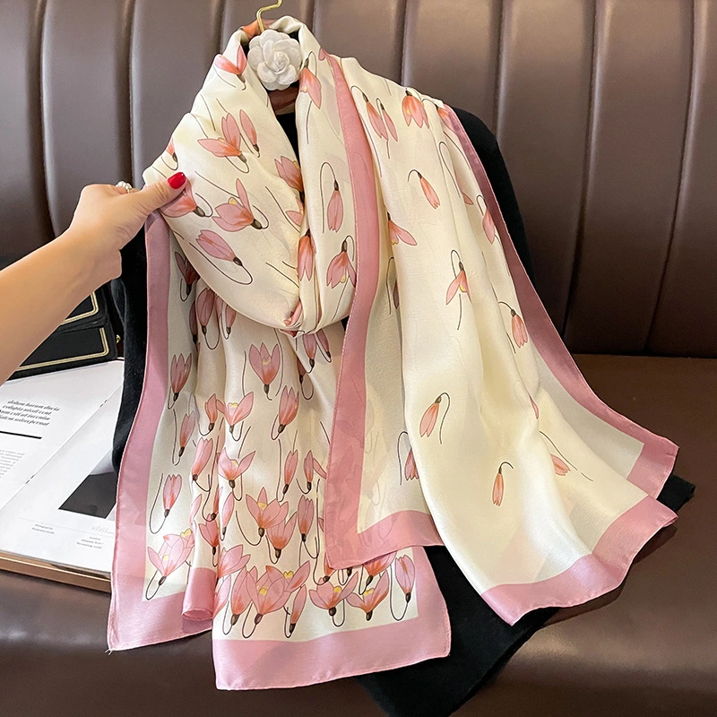 Cheap Light Color Shawls Flowers Printed Pink Polyester Silk Scarf S480 | Mifain 1