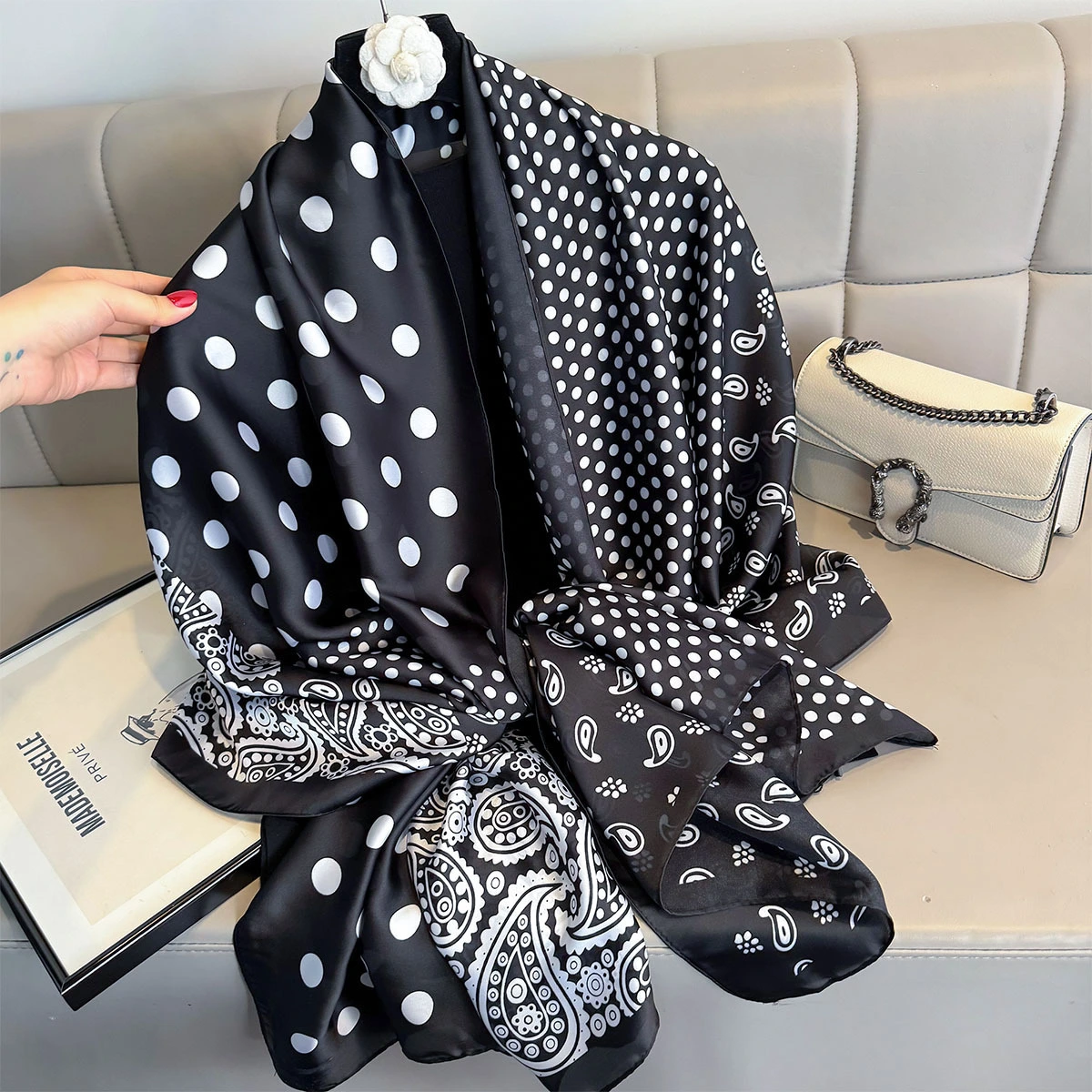 Custom White Dot Printed Silk Shawls Black Women Lightweight Scarves S665 | Mifain 1