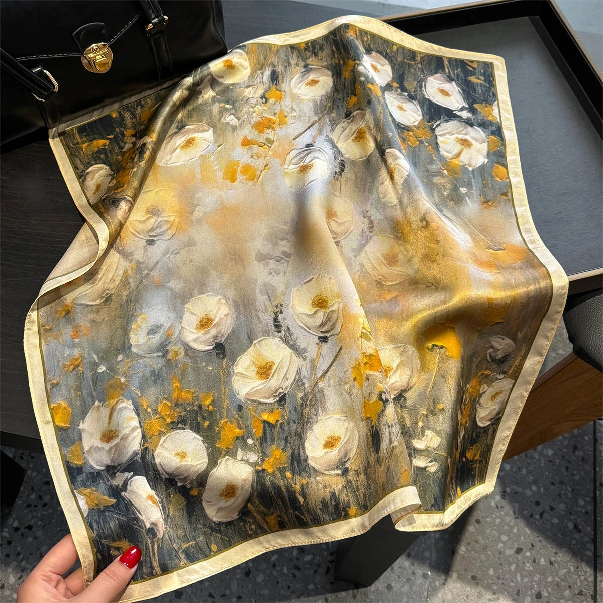 Small MOQ Custom Painting Flower Print Small Square 100% Silk Scarf PS639 | Mifain 1