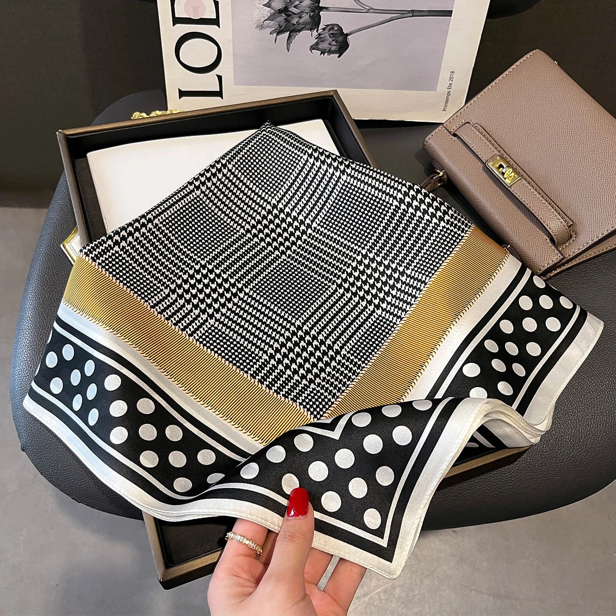 Wholesale Ladies' Classic Houndstooth Dot Printing Squere Pure Silk Scarf ZS397 | Mifain 1