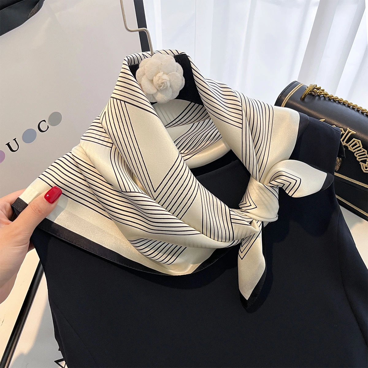 Cheap Europe White Stripe Dots Pattern 12 Momme Mulberry Silk Scarves ZS398 | Mifain 1