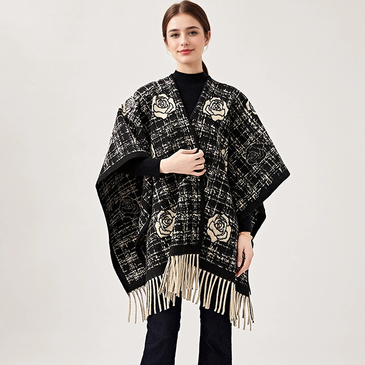 Wholesale Europe Black Flower Rose Jacquard Capes Brand Cashmere Ponchos DP390 | Mifain 1
