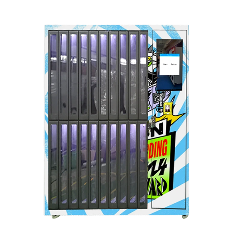 Skateboard rental machine front view displays compact design with 21.5-inch screen and secure lockers, ideal for shared mobility solutions in campuses, urban centers, and busy public parks.