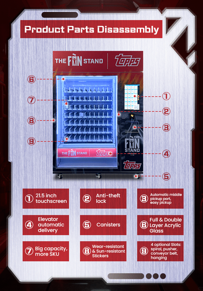 Sport star card vending machine features modular component disassembly for easy maintenance, cleaning, and system integration in automated card vending retail.