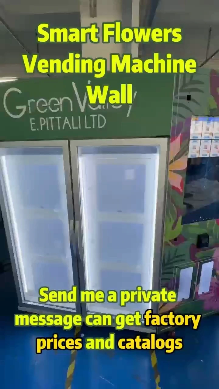 Video demonstrating the Combination Flower Vending Machine in operation, showcasing flower selection, multiple compartments, digital touch screen interface, smooth dispensing, and customizable design for efficient 24/7 flower vending.