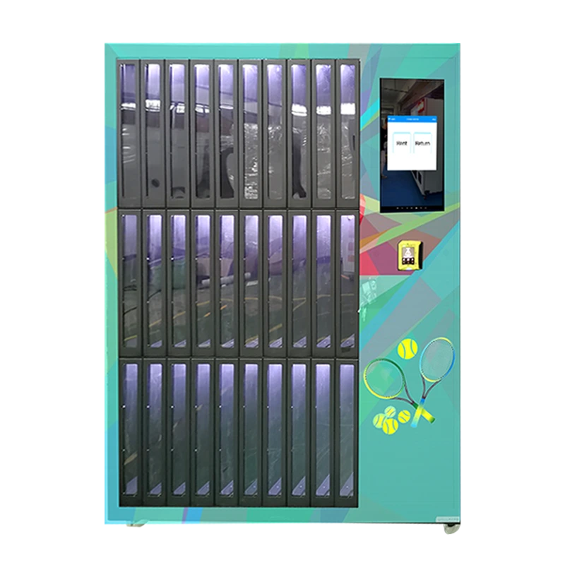 front view of the tennis racket rental machine featuring a 21.5 inch touch screen, integrated nayax card reader, and secure locker design, providing unmanned 24 7 self service rental and return for sports venues and tennis halls