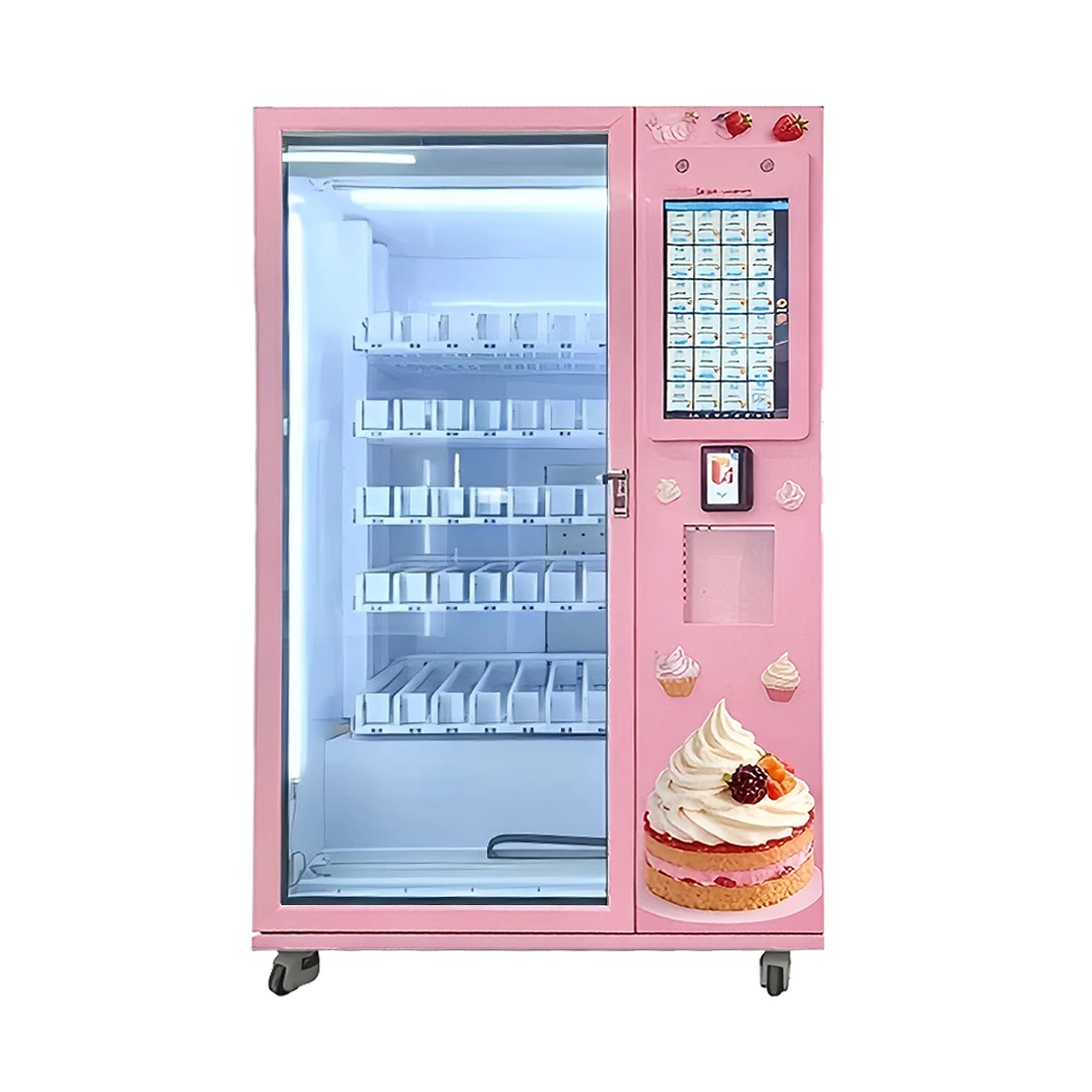 Cupcake vending machine front view with 21.5-inch touch screen, 3℃~20℃ cooling, and elevator pickup system.