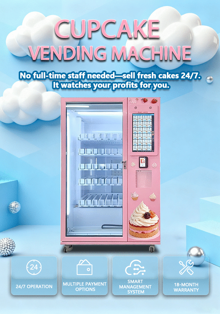 Cupcake vending machine with 21.5-inch touch screen, 3℃~20℃ cooling, elevator pickup, smart Android system.