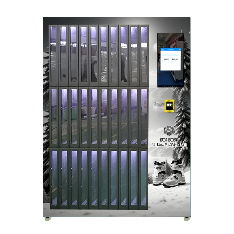 Ski boot rental machine with touch screen and customizable design. Supports Wi-Fi, 4G, and LAN connections for easy rental and return. Ideal for ski resorts.