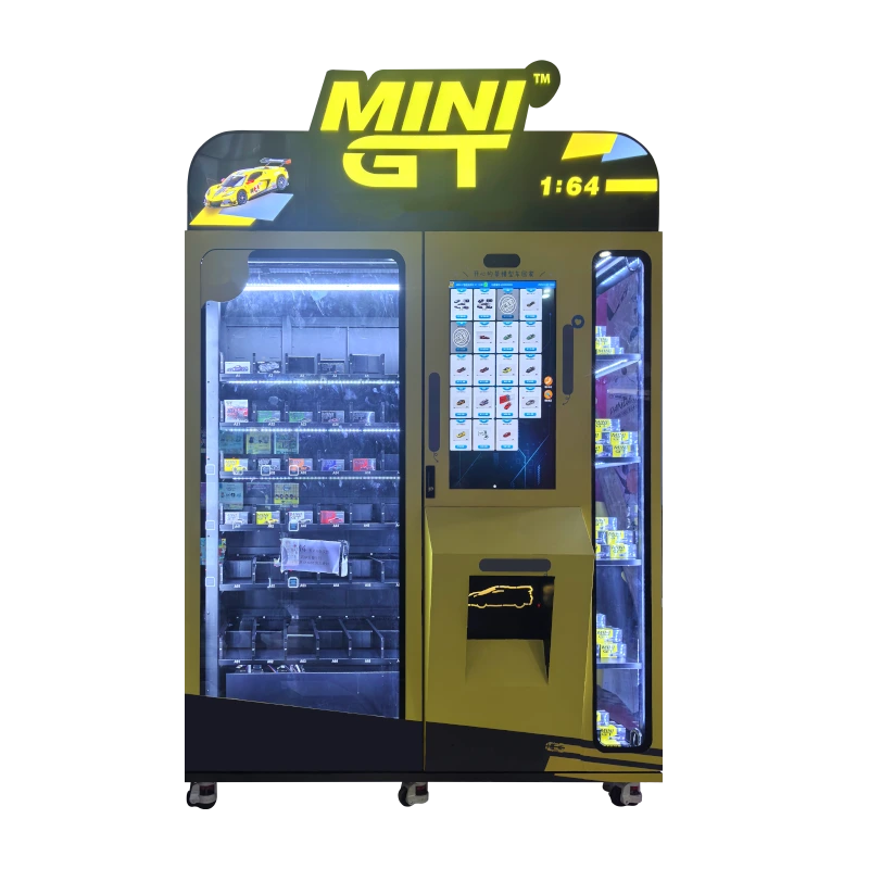 Racing car model vending machine featuring a 32-inch touch screen and customizable options for displaying toy cars, perfect for collectors.