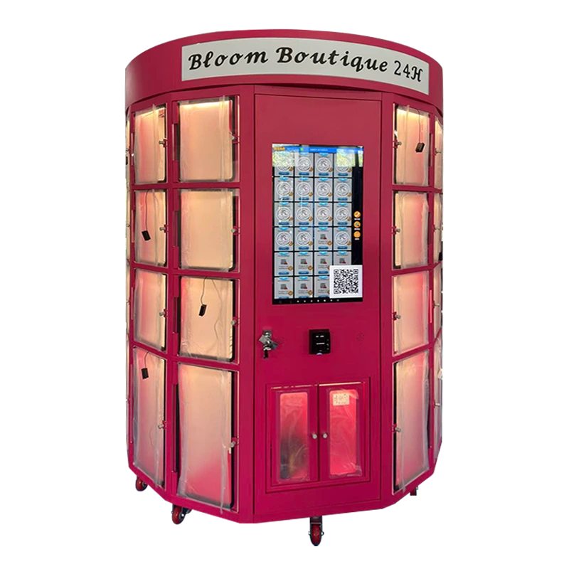 신선한 꽃 자판기는 맞춤형 사물함 크기, 32인치 터치 스크린, 신선한 꽃을 위한 15°C의 저에너지 냉각 시스템을 갖추고 있어 편리한 셀프 서비스 꽃 구매에 이상적입니다.