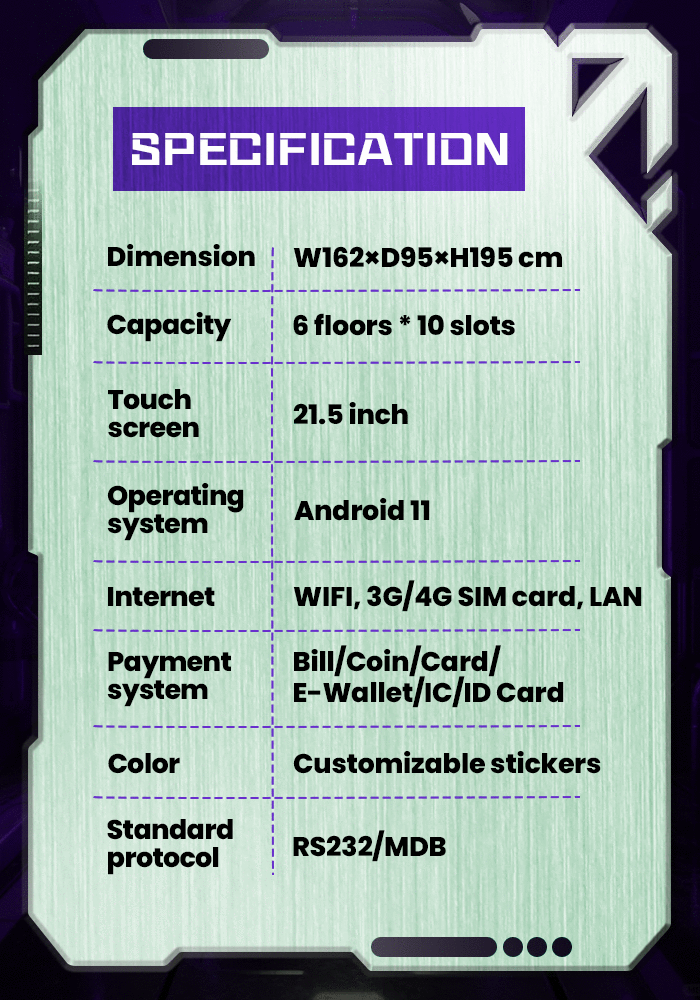 Self-Service Toy Vending Machine specifications page highlights its 21.5-inch touchscreen, Android OS, and customizable features to enhance user experience.