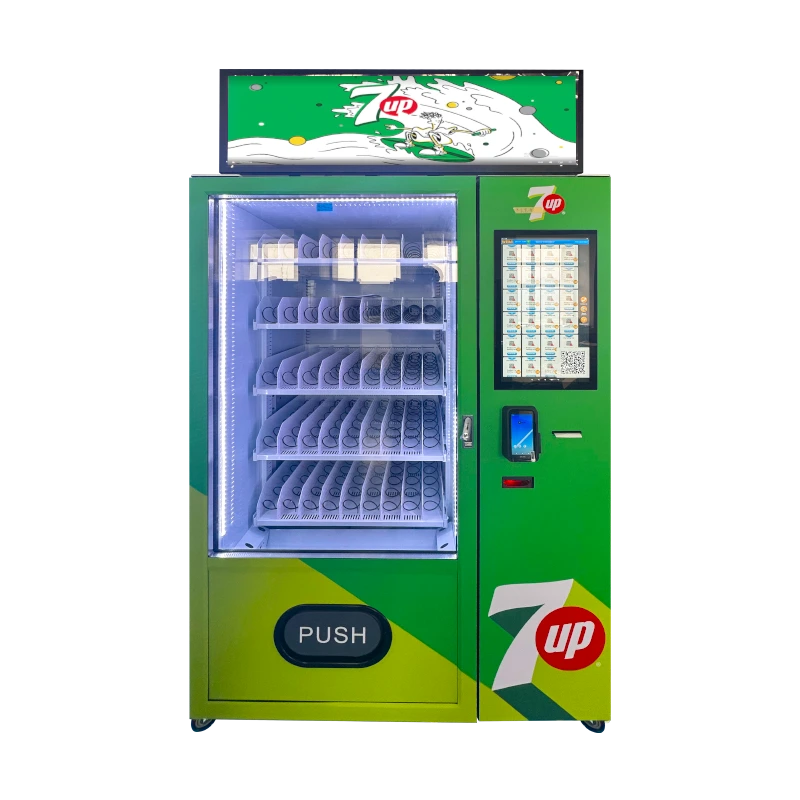 7-Up Beverage Vending Machine with 21.5-inch touchscreen and adjustable temperature control, ideal for fresh beverage sales.