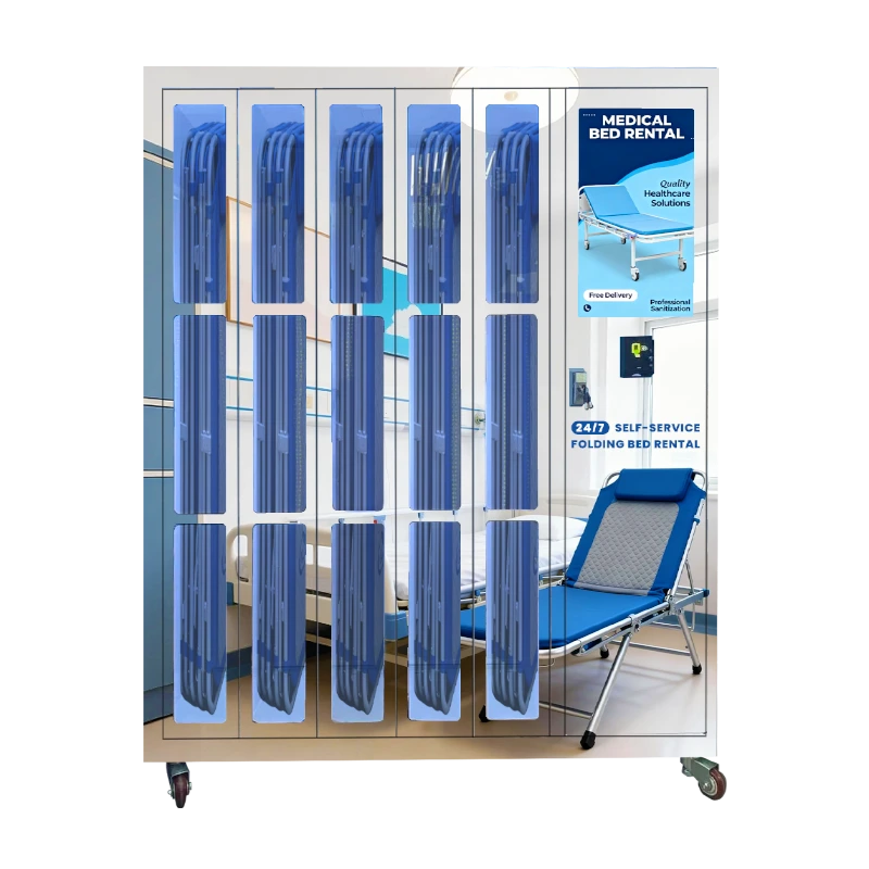 Hospital folding bed rental machine with a 22-inch touchscreen, offering self-service rental and return options for hospitals, enhancing patient care.