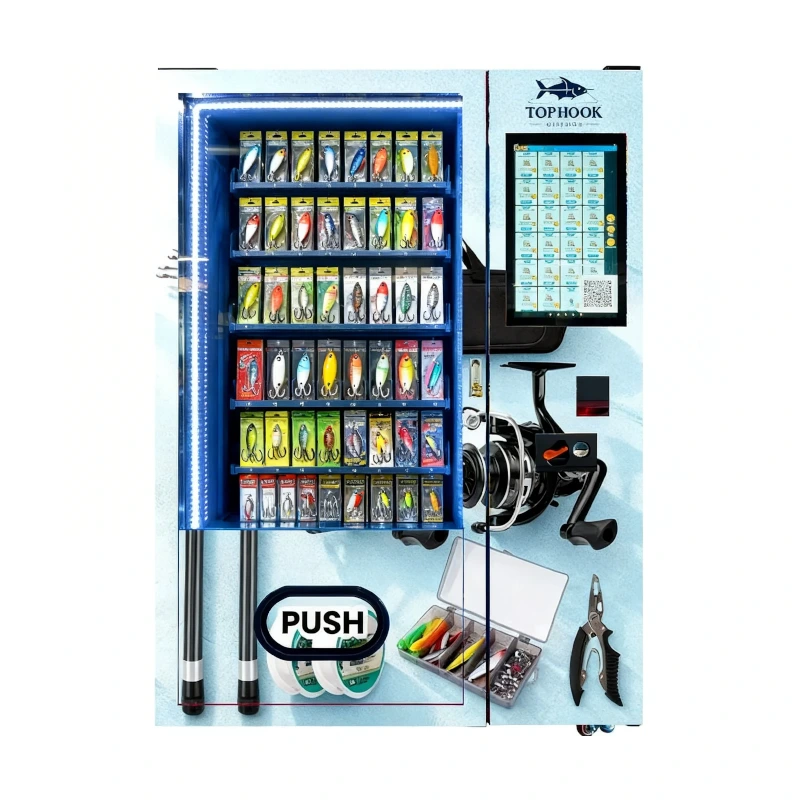 Self-service fishing tackle vending machine for rods, lines, hooks, and bait. Convenient, 24/7 access for fishing enthusiasts.