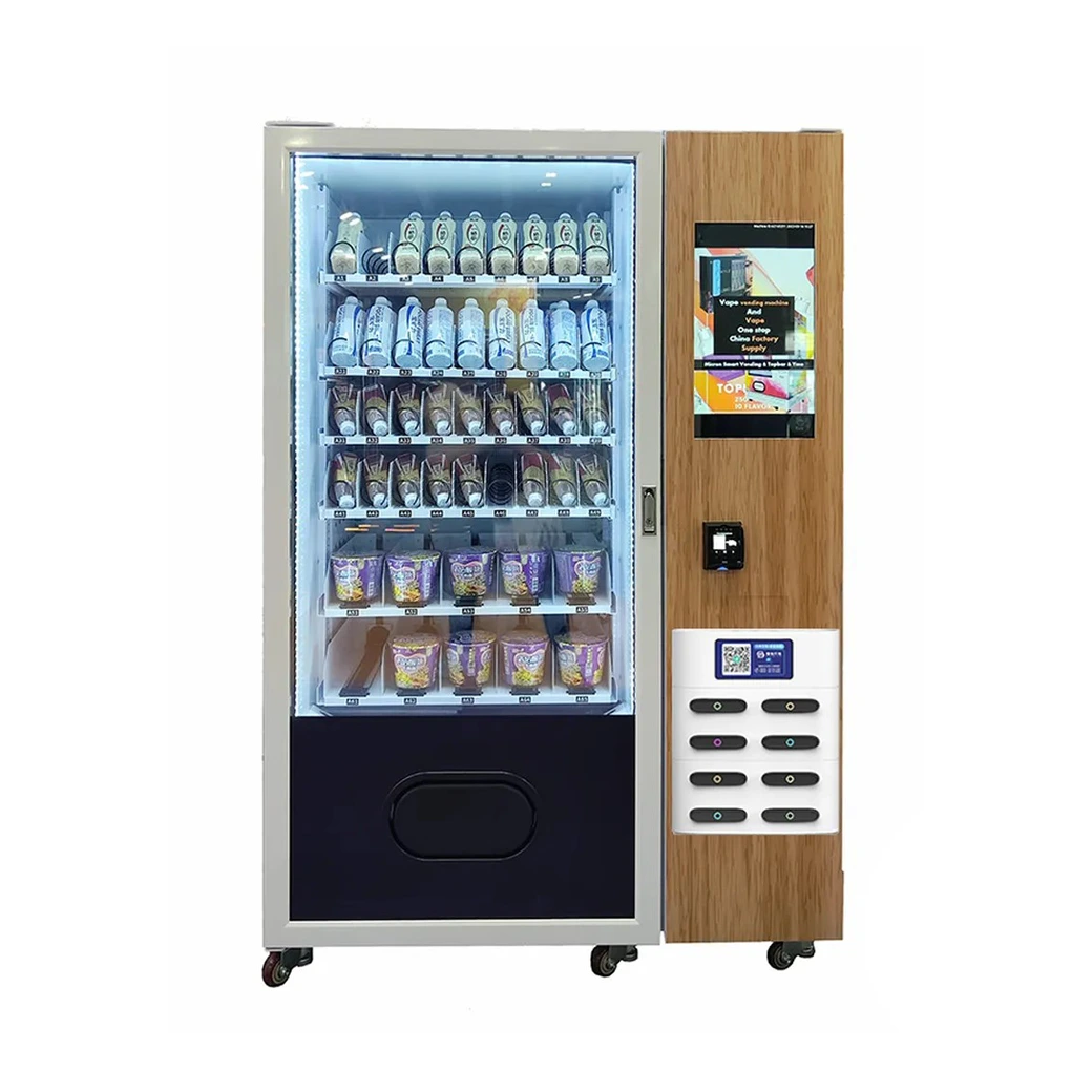 Snack & beverage vending machine with side lockers for package pickup and phone power bank rental, smart touch screen