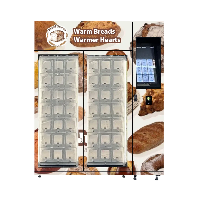 Refrigerated bread lockers vending machine with tilted touchscreen designed for outdoor bakery pickup in urban shopping streets.
