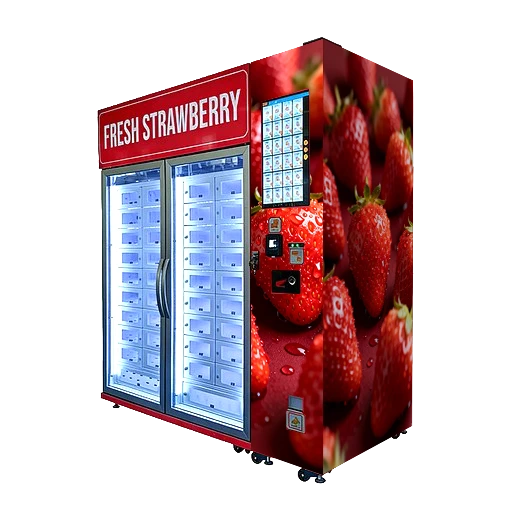 Smart strawberry vending machine with cooling system, designed for farms and fruit shops to sell fresh strawberries 24/7 automatically