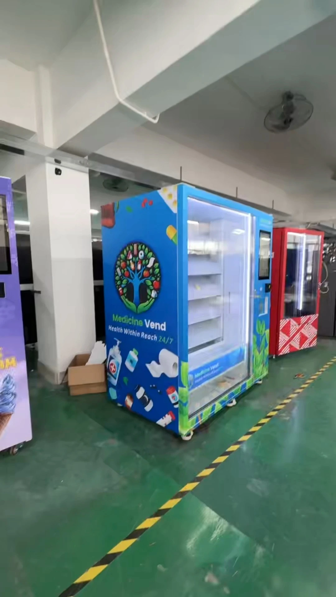 AI-powered pharmacy vending machine with smart inventory alerts and automated restocking notifications.