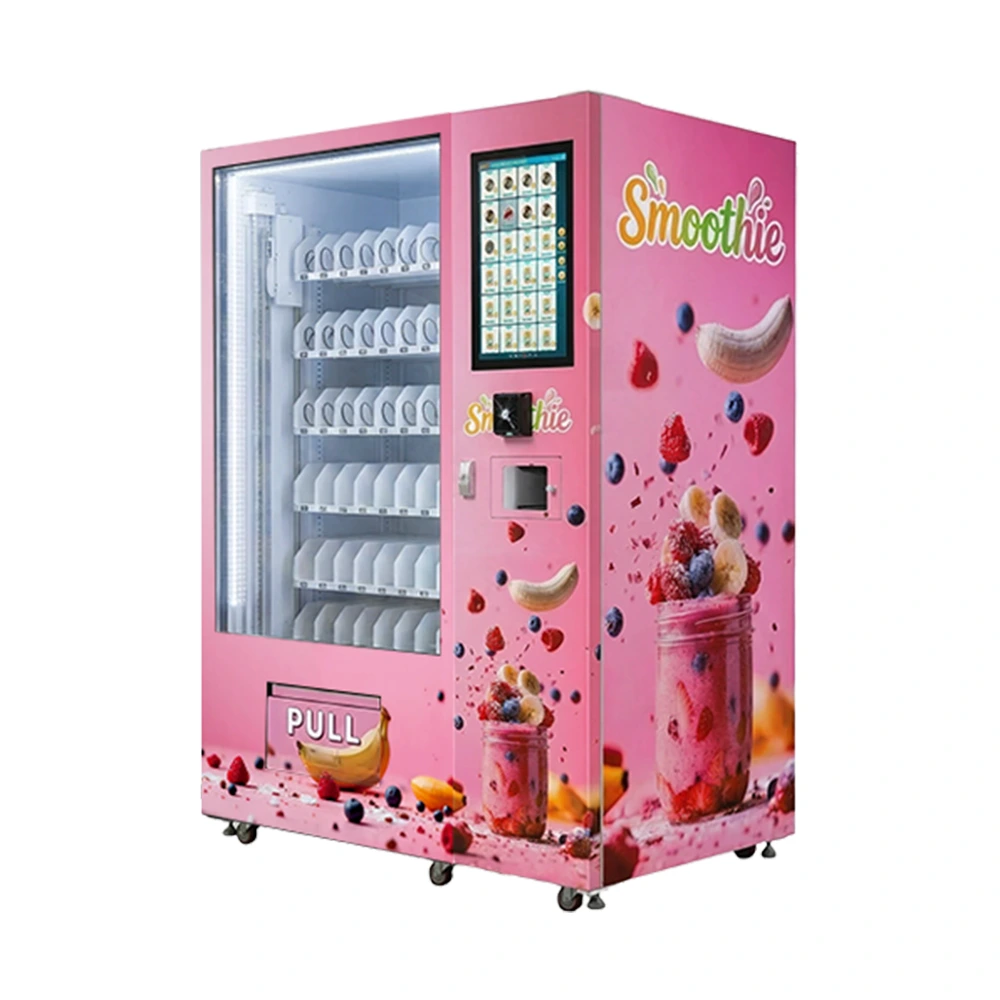 WEIMI Self-Service Smoothie Vending Machine blending fresh mango banana smoothie at 3 AM in a 24-hour gym