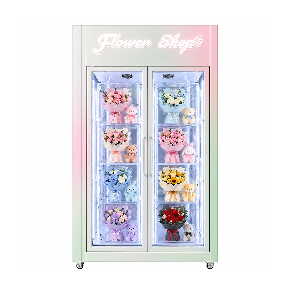 WEIMI Large Transparent Refrigerated Lockers Airport Fresh Bouquet Solution installed in busy airport terminal with vibrant flowers