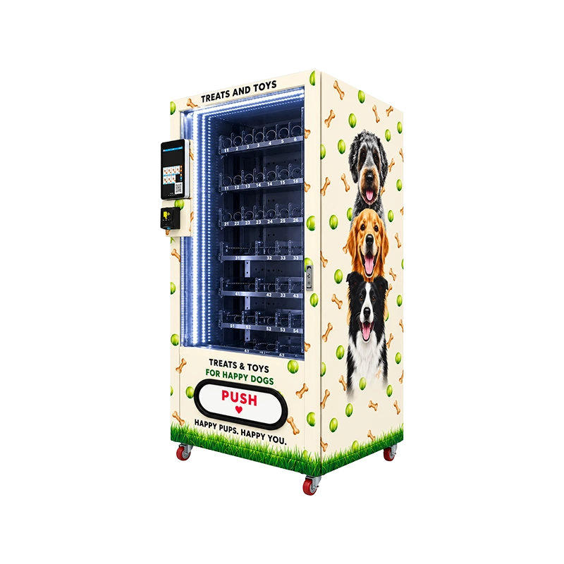 Left view of the pet treats and toys vending machine with dog portraits, tennis-ball and bone graphics, an illuminated display, touchscreen and lower collection panel.