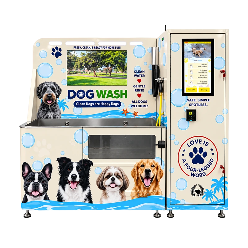 Left view of the self-service dog wash station showing a metal wash basin, front access panel, handheld hose, cream wrap, dog portraits and blue bubble graphics.