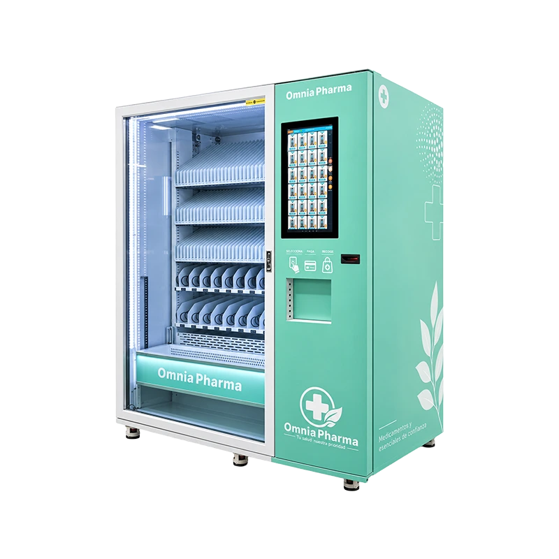 Front view of the Omnia Pharma vending concept with a mint-green control panel, portrait touchscreen, illuminated divided shelves and right-hand collection opening.