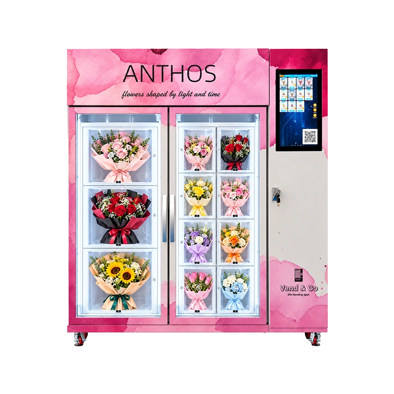 Right perspective of the ANTHOS flower vending concept with pink watercolor artwork, illuminated bouquet compartments and a portrait selection screen.
