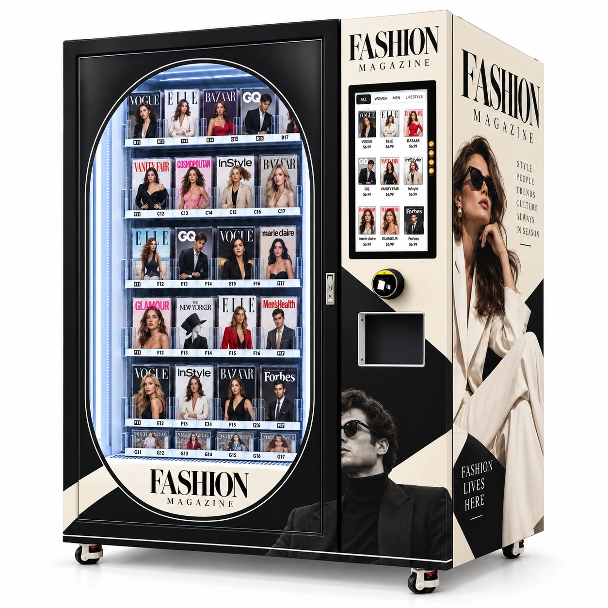 Left three-quarter view of a black and ivory fashion magazine vending machine with a female fashion portrait on the side, an illuminated oval merchandise window and a portrait selection screen.