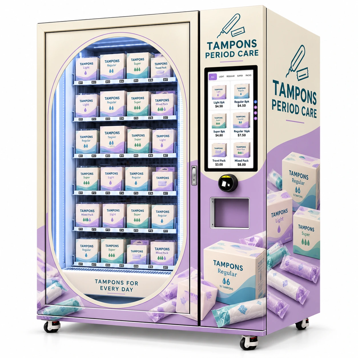 Right three-quarter view of a cream and lavender tampon vending machine with teal TAMPONS PERIOD CARE lettering, an illuminated oval display, boxed products, a portrait selection screen and a payment terminal.
