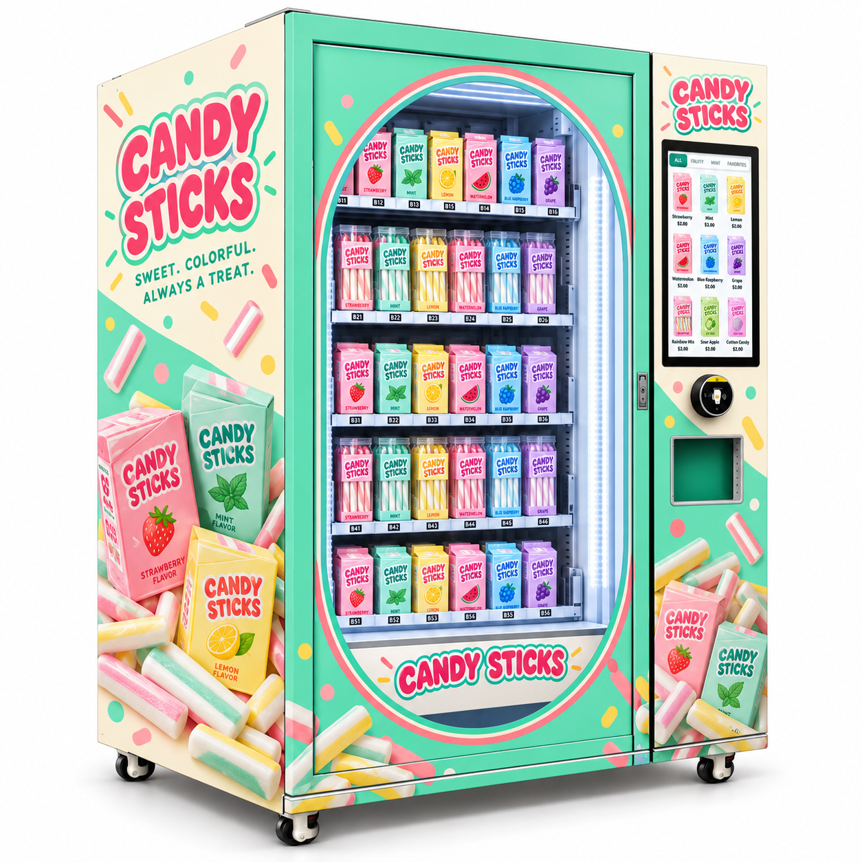 Right three-quarter view of the mint-green CANDY STICKS vending machine with strawberry, mint and lemon package illustrations across the cream side panel and lower cabinet.