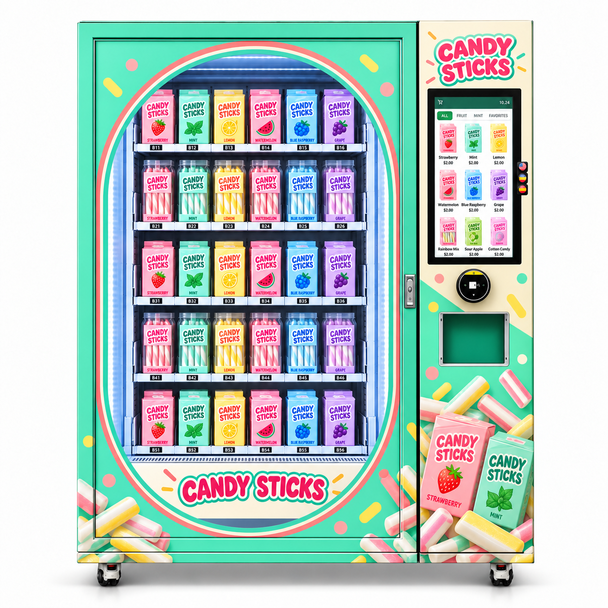 Front view of the CANDY STICKS vending machine showing colourful packaged confectionery on illuminated shelves, a pink-and-cream oval outline, a portrait catalogue screen, a circular terminal and a collection opening.