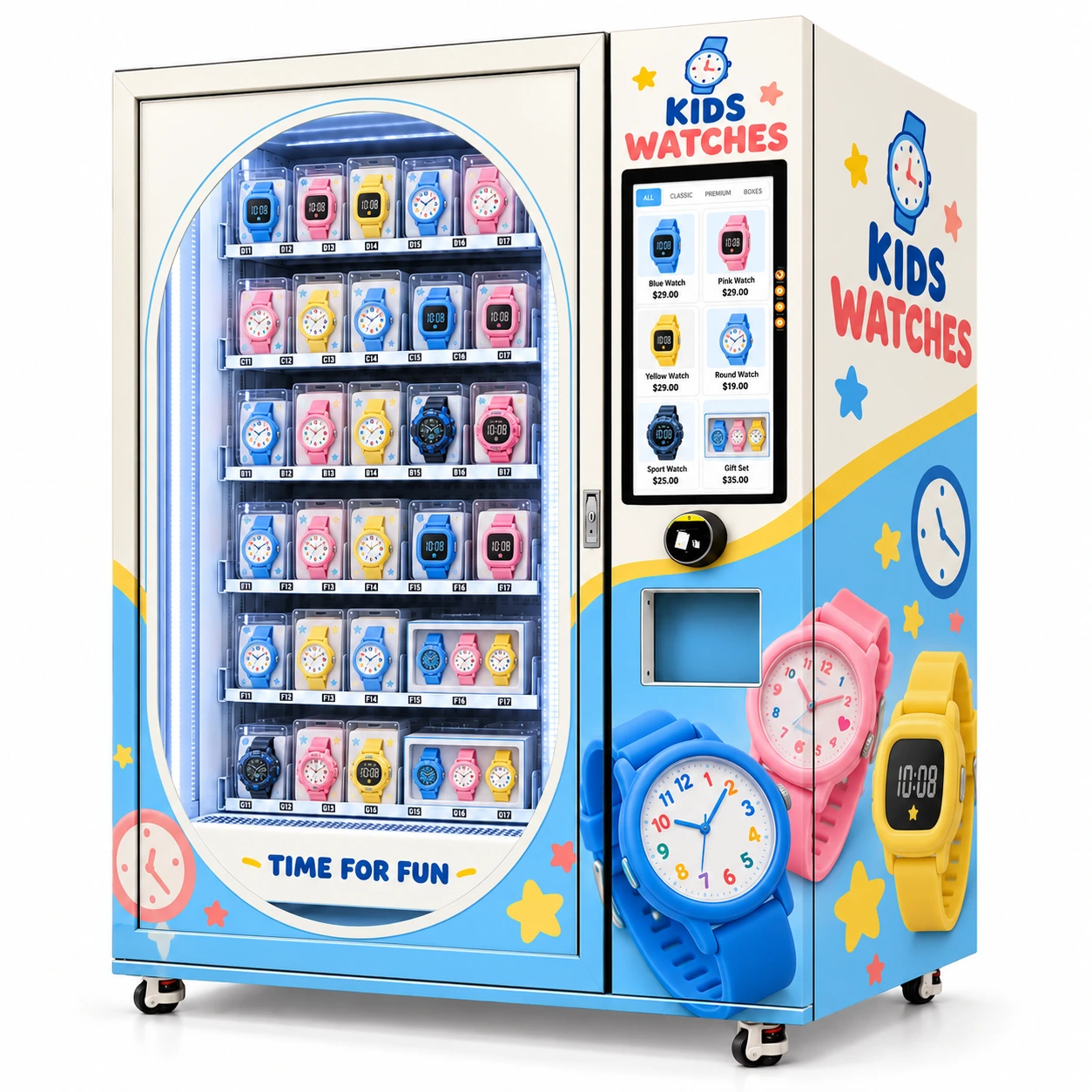 Left three-quarter view of a cream and sky-blue kids watches vending machine with blue and coral lettering, watch and star graphics, an illuminated oval merchandise window and a portrait catalogue screen.