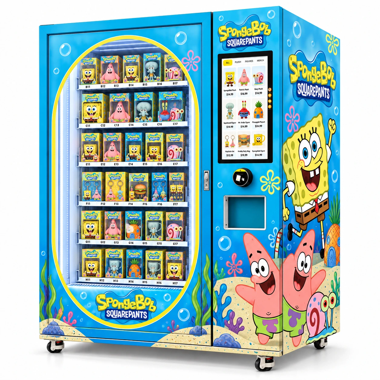 Front view of a vivid turquoise underwater character-toy vending machine with a yellow oval display frame, illuminated shelves of boxed collectible toys, a portrait selection screen, payment terminal and collection opening