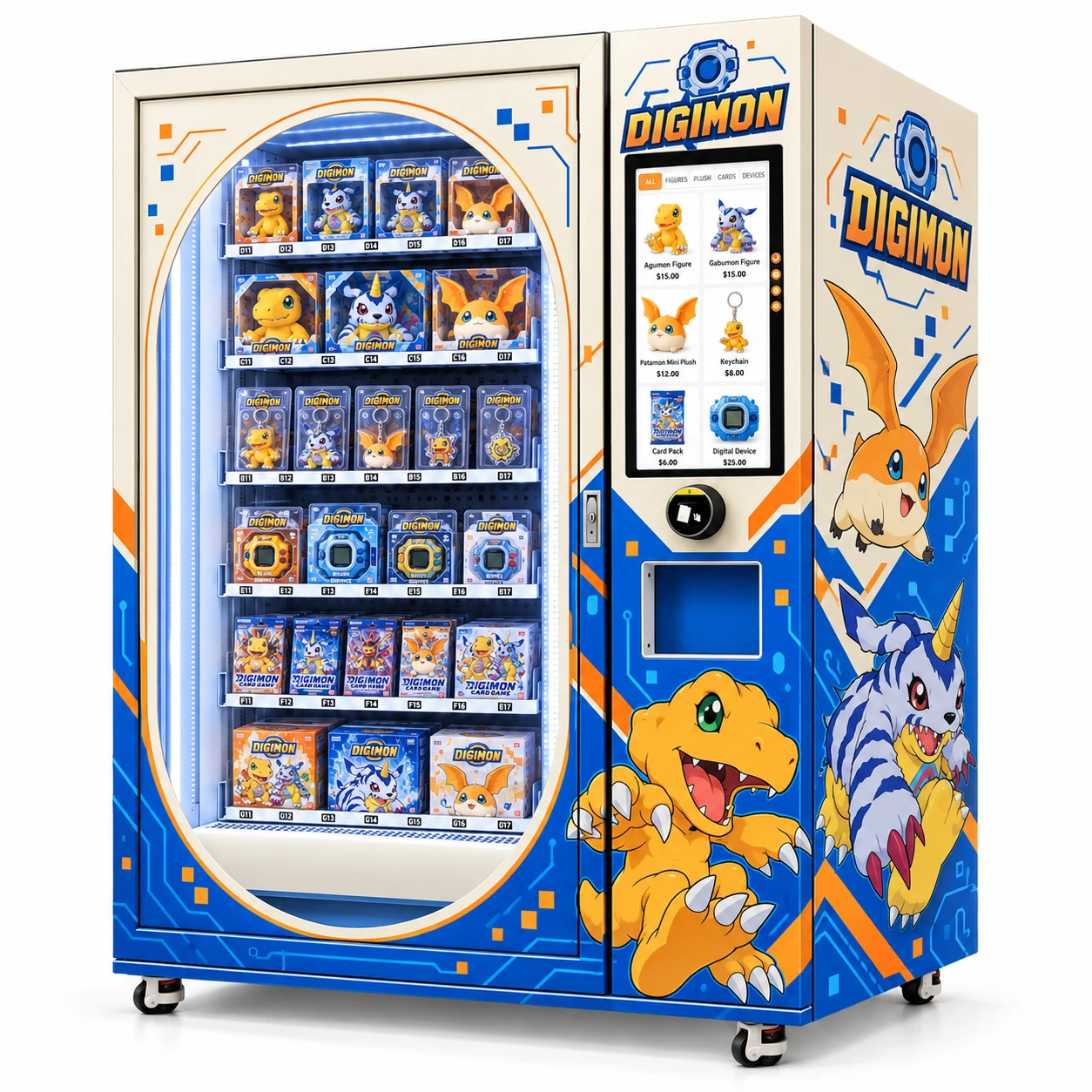 Front view of an ivory, blue and orange Digimon-themed toy vending machine with an oval illuminated product window, boxed figures and card packs, portrait selection screen, payment area and collection opening