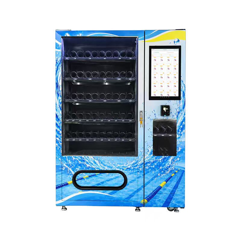 Left three-quarter view of a swim supplies vending machine with blue water-splash graphics, yellow wave accents and large SWIM SUPPLIES lettering.