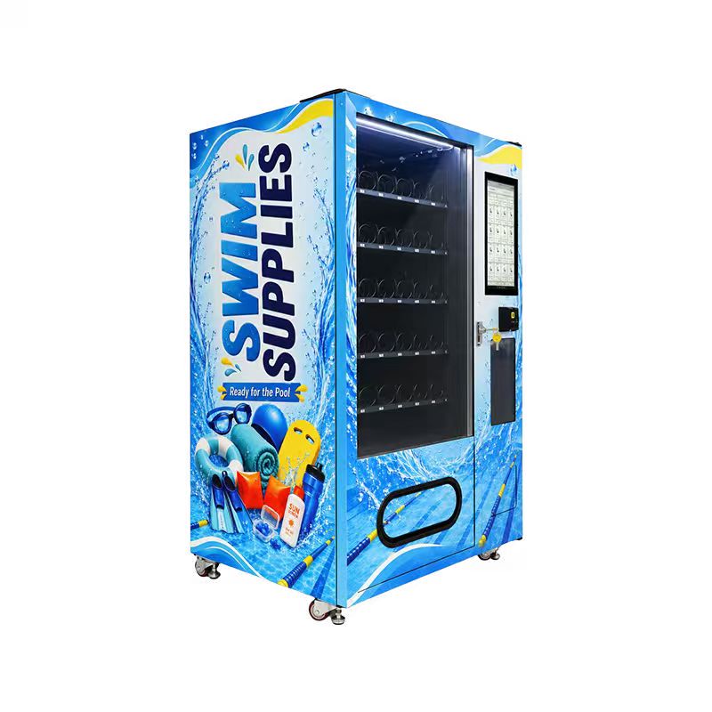 Right three-quarter view of the swim supplies vending machine showing pool lane artwork, illustrated swimming accessories and the customer-facing screen.