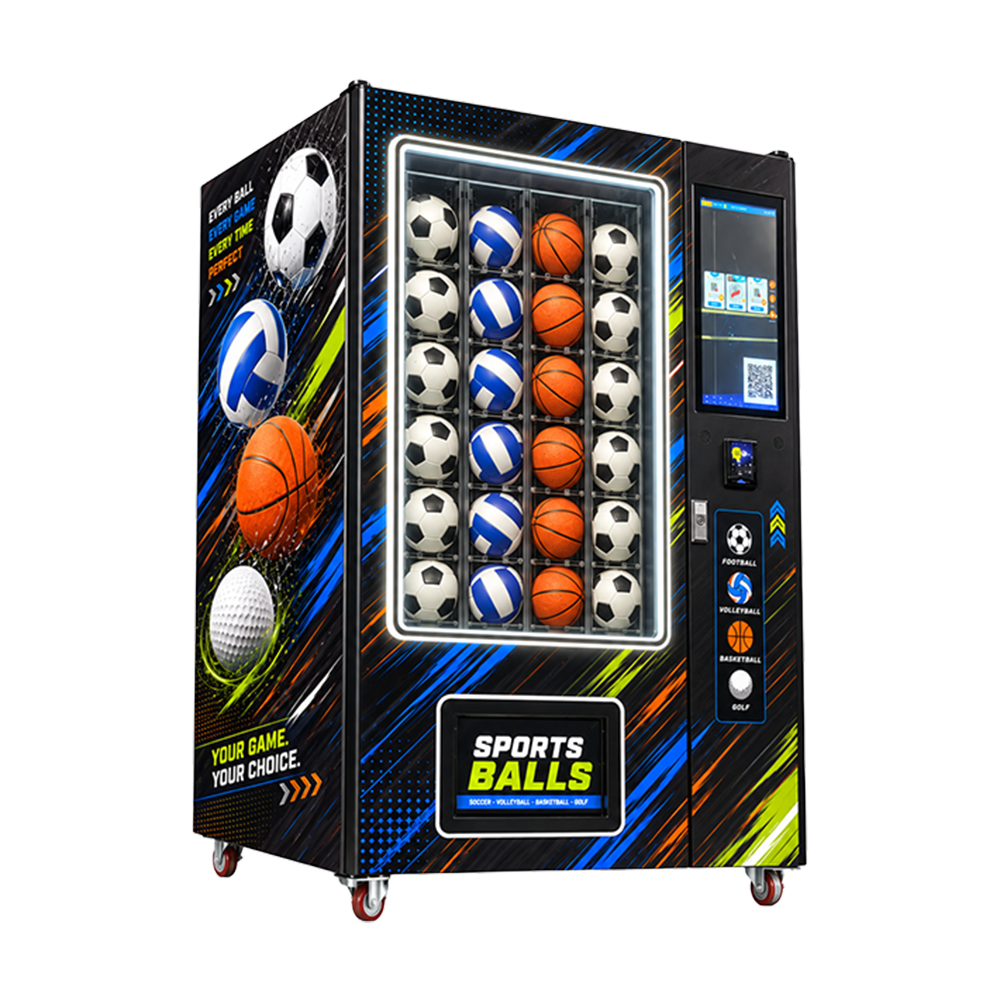 Right three-quarter view of the sports balls vending machine showing full-height sports artwork, the customer screen and visible footballs, volleyballs and basketballs in the merchandise display.