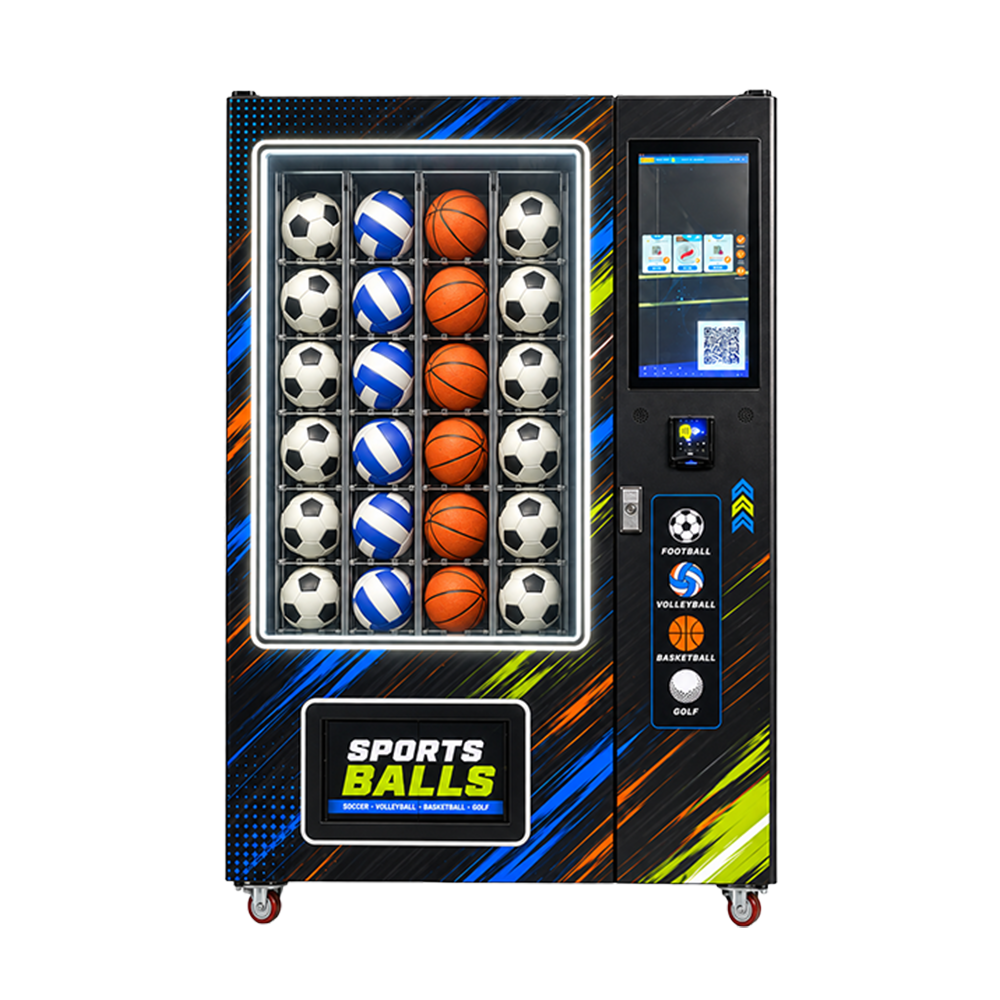Left three-quarter view of a sports ball vending cabinet with football, volleyball, basketball and golf artwork, electric-blue streaks, orange accents and fluorescent-yellow graphics.